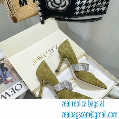 Jimmy Choo Heel 8.5cm KARI Suede Pumps Olive Green with Crystal-Embellished Strap 2021 - Click Image to Close