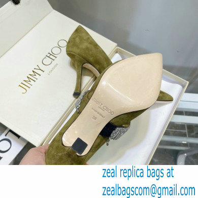 Jimmy Choo Heel 8.5cm KARI Suede Pumps Olive Green with Crystal-Embellished Strap 2021