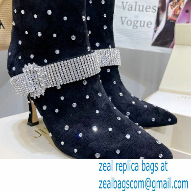 Jimmy Choo Heel 8.5cm KAZA Suede Booties Boots Black/crystal with Crystal-Embellished Strap 2021