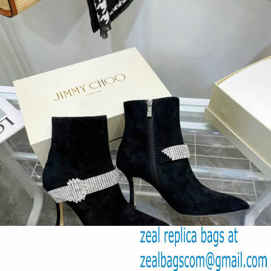 Jimmy Choo Heel 8.5cm KAZA Suede Booties Boots Black with Crystal-Embellished Strap 2021