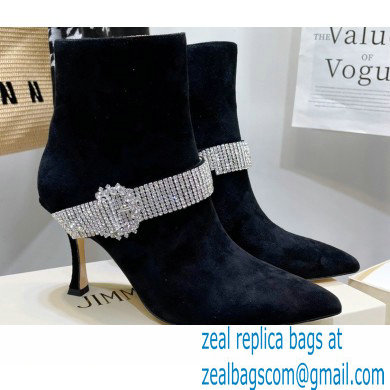 Jimmy Choo Heel 8.5cm KAZA Suede Booties Boots Black with Crystal-Embellished Strap 2021 - Click Image to Close
