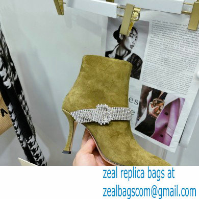 Jimmy Choo Heel 8.5cm KAZA Suede Booties Boots Olive Green with Crystal-Embellished Strap 2021