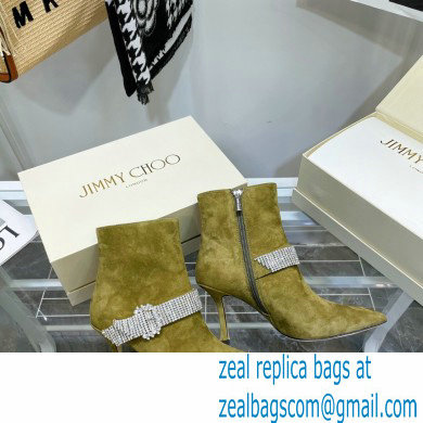 Jimmy Choo Heel 8.5cm KAZA Suede Booties Boots Olive Green with Crystal-Embellished Strap 2021