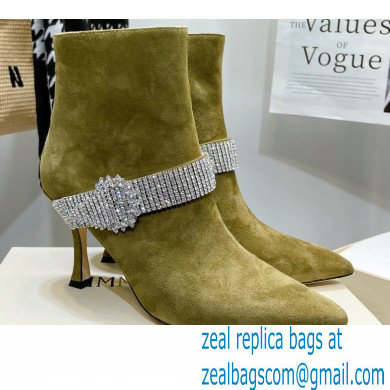 Jimmy Choo Heel 8.5cm KAZA Suede Booties Boots Olive Green with Crystal-Embellished Strap 2021