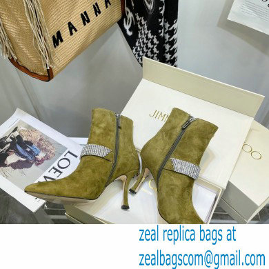 Jimmy Choo Heel 8.5cm KAZA Suede Booties Boots Olive Green with Crystal-Embellished Strap 2021