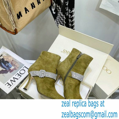 Jimmy Choo Heel 8.5cm KAZA Suede Booties Boots Olive Green with Crystal-Embellished Strap 2021 - Click Image to Close