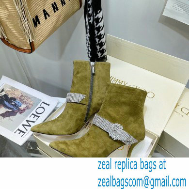 Jimmy Choo Heel 8.5cm KAZA Suede Booties Boots Olive Green with Crystal-Embellished Strap 2021