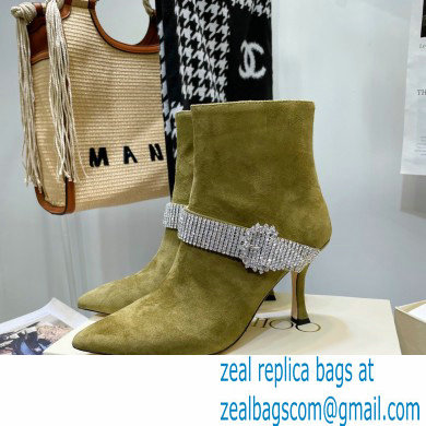 Jimmy Choo Heel 8.5cm KAZA Suede Booties Boots Olive Green with Crystal-Embellished Strap 2021