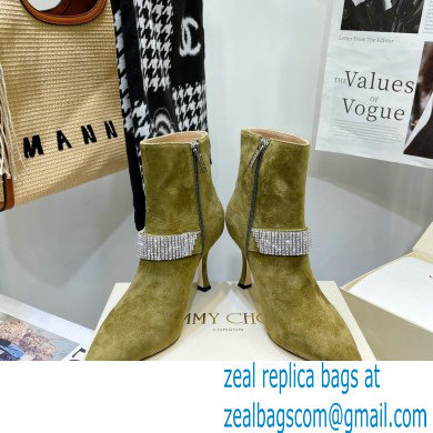 Jimmy Choo Heel 8.5cm KAZA Suede Booties Boots Olive Green with Crystal-Embellished Strap 2021 - Click Image to Close