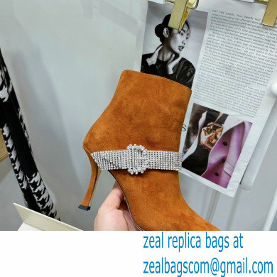 Jimmy Choo Heel 8.5cm KAZA Suede Booties Boots Orange with Crystal-Embellished Strap 2021