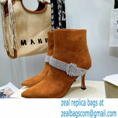 Jimmy Choo Heel 8.5cm KAZA Suede Booties Boots Orange with Crystal-Embellished Strap 2021