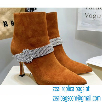 Jimmy Choo Heel 8.5cm KAZA Suede Booties Boots Orange with Crystal-Embellished Strap 2021