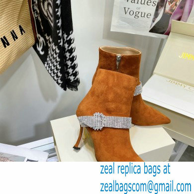 Jimmy Choo Heel 8.5cm KAZA Suede Booties Boots Orange with Crystal-Embellished Strap 2021