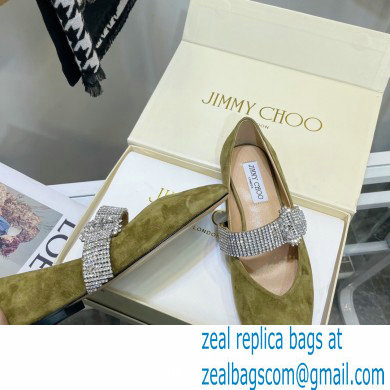 Jimmy Choo KRISTA FLAT Suede Flats Olive Green with Crystal-Embellished Strap 2021