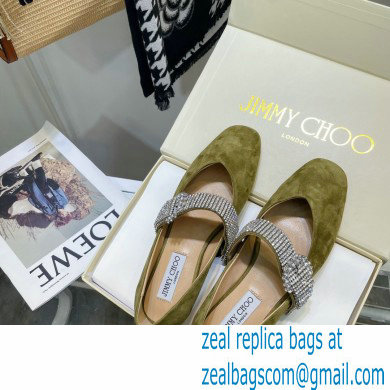 Jimmy Choo KRISTA FLAT Suede Flats Olive Green with Crystal-Embellished Strap 2021