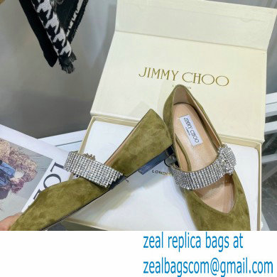 Jimmy Choo KRISTA FLAT Suede Flats Olive Green with Crystal-Embellished Strap 2021