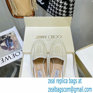 Jimmy Choo White Satin Slippers with All-Over Pearls 2021