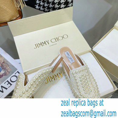 Jimmy Choo White Satin Slippers with All-Over Pearls 2021