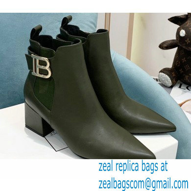 Balmain Heel 6cm Ankle Boots Leather Army Green with Balmain Monogram Logo 2021