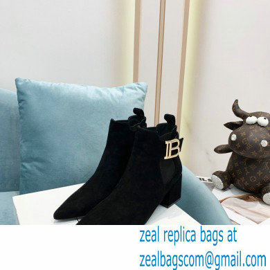 Balmain Heel 6cm Ankle Boots Suede Black with Balmain Monogram Logo 2021 - Click Image to Close