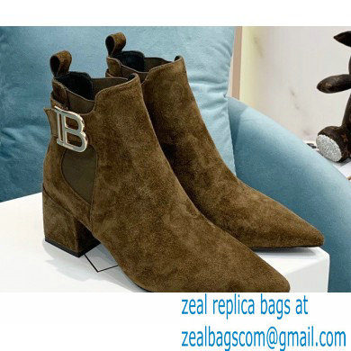 Balmain Heel 6cm Ankle Boots Suede Khaki with Balmain Monogram Logo 2021 - Click Image to Close