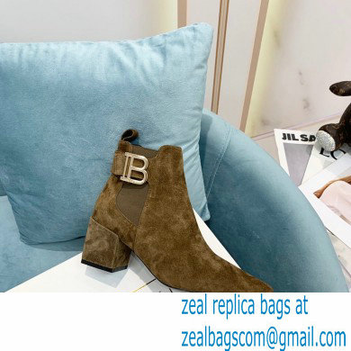 Balmain Heel 6cm Ankle Boots Suede Khaki with Balmain Monogram Logo 2021