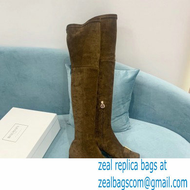 Balmain Heel 6cm B Plaque Thigh-high Boots Suede Khaki 2021