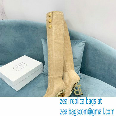 Balmain Heel 9.5cm Nelly Thigh-high Boots Suede Beige 2021 - Click Image to Close