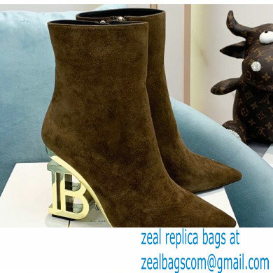 Balmain Heel 9.5cm Nicole Ankle Boots Suede Khaki 2021