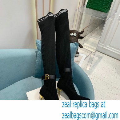 Balmain Heel 9.5cm Raven Thigh-high Boots Knit Black 2021