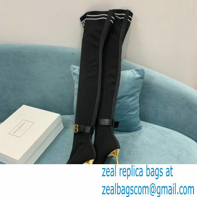 Balmain Heel 9.5cm Raven Thigh-high Boots Knit Black 2021