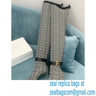 Balmain Heel 9.5cm Raven Thigh-high Boots Knit Black/White with Monogram Strap 2021