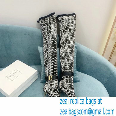 Balmain Heel 9.5cm Raven Thigh-high Boots Knit Black/White with Monogram Strap 2021