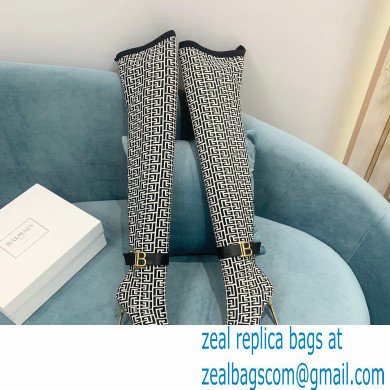 Balmain Heel 9.5cm Raven Thigh-high Boots Knit Black/White with Monogram Strap 2021