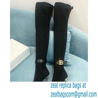 Balmain Heel 9.5cm Raven Thigh-high Boots Knit Black with Monogram Strap 2021 - Click Image to Close