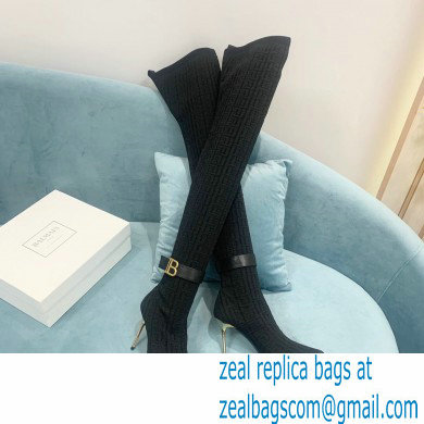 Balmain Heel 9.5cm Raven Thigh-high Boots Knit Black with Monogram Strap 2021 - Click Image to Close