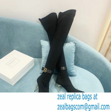 Balmain Heel 9.5cm Raven Thigh-high Boots Knit Black with Monogram Strap 2021