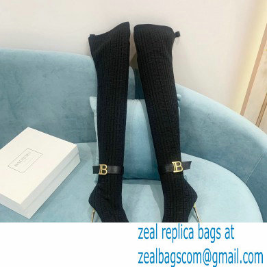 Balmain Heel 9.5cm Raven Thigh-high Boots Knit Black with Monogram Strap 2021
