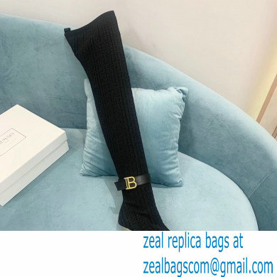 Balmain Heel 9.5cm Raven Thigh-high Boots Knit Black with Monogram Strap 2021