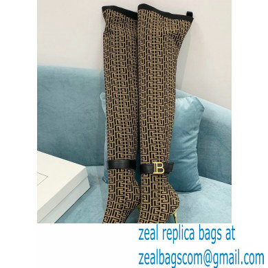 Balmain Heel 9.5cm Raven Thigh-high Boots Knit Brown with Monogram Strap 2021 - Click Image to Close