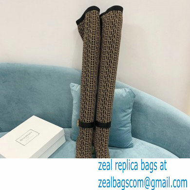 Balmain Heel 9.5cm Raven Thigh-high Boots Knit Brown with Monogram Strap 2021