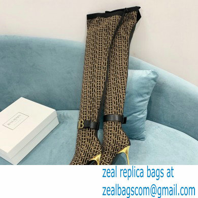 Balmain Heel 9.5cm Raven Thigh-high Boots Knit Brown with Monogram Strap 2021 - Click Image to Close