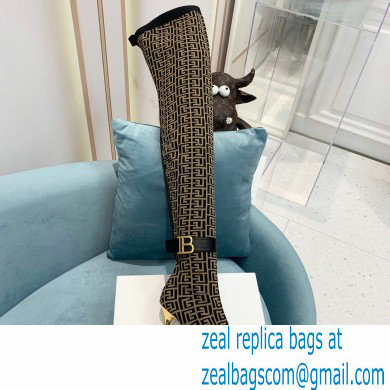 Balmain Heel 9.5cm Raven Thigh-high Boots Knit Brown with Monogram Strap 2021