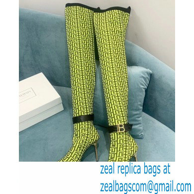 Balmain Heel 9.5cm Raven Thigh-high Boots Knit Green with Monogram Strap 2021