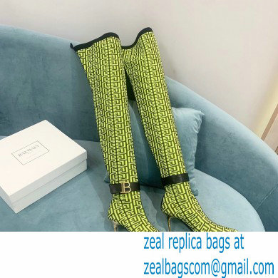 Balmain Heel 9.5cm Raven Thigh-high Boots Knit Green with Monogram Strap 2021