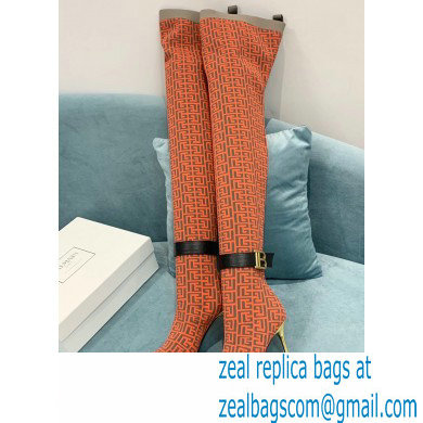 Balmain Heel 9.5cm Raven Thigh-high Boots Knit Orange with Monogram Strap 2021 - Click Image to Close