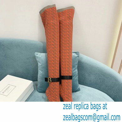 Balmain Heel 9.5cm Raven Thigh-high Boots Knit Orange with Monogram Strap 2021