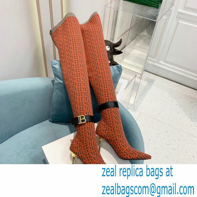 Balmain Heel 9.5cm Raven Thigh-high Boots Knit Orange with Monogram Strap 2021 - Click Image to Close