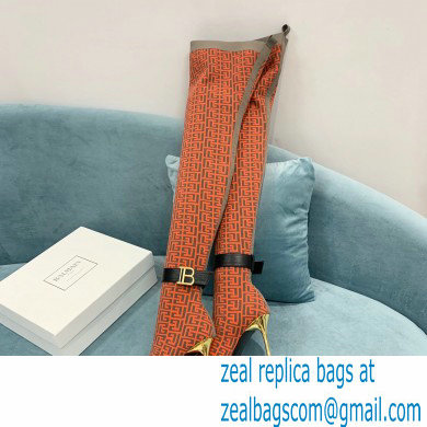 Balmain Heel 9.5cm Raven Thigh-high Boots Knit Orange with Monogram Strap 2021 - Click Image to Close