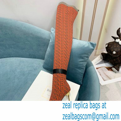 Balmain Heel 9.5cm Raven Thigh-high Boots Knit Orange with Monogram Strap 2021